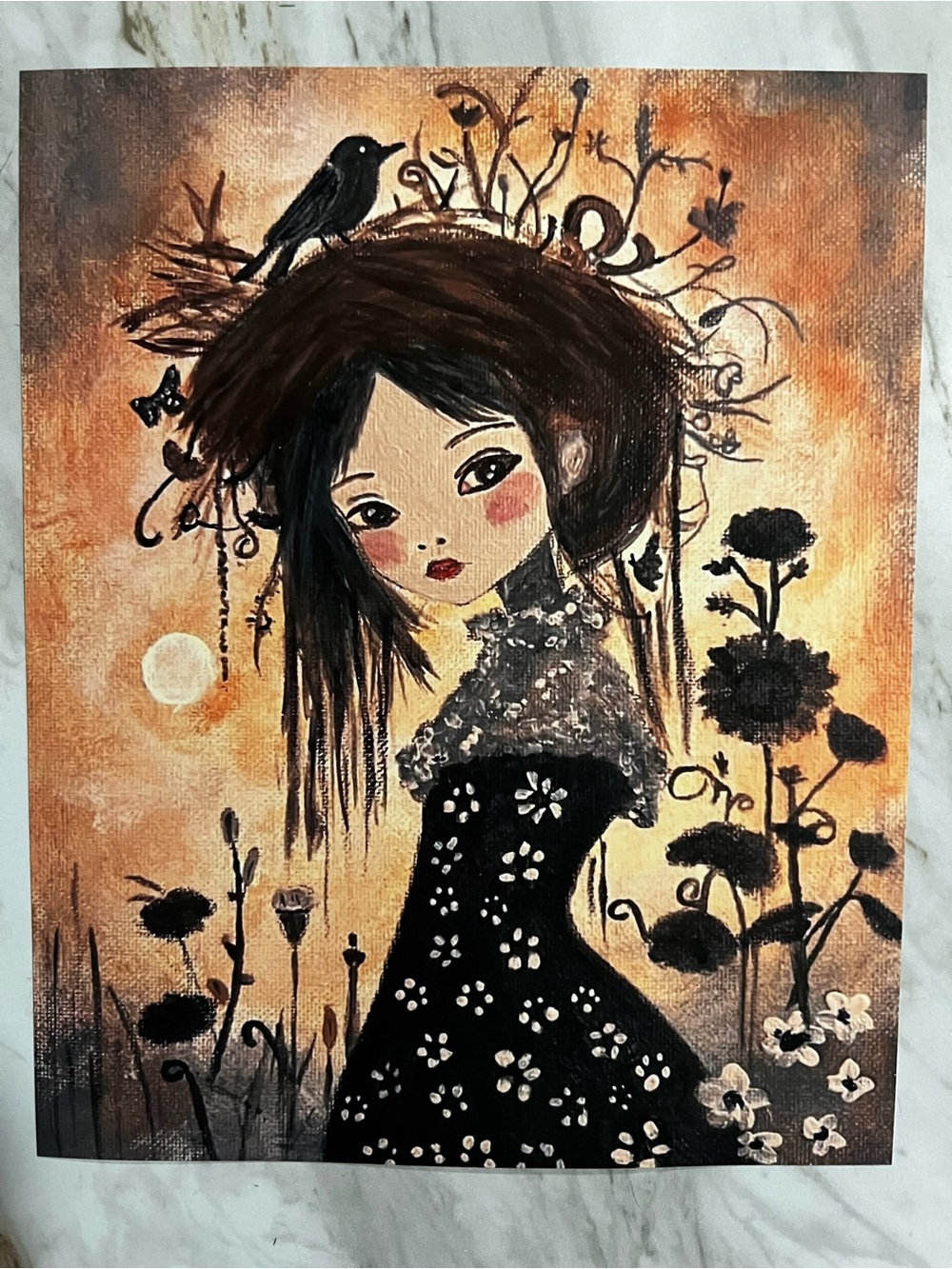 Whimsical Girl with Bird and Moon Painting
